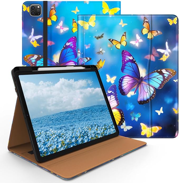 Case for iPad Pro 12.9 6th/5th/4th/3rd Generation 2022/2021/2020/2018 PU Leather 12.9 Cover with Pencil Holder/Multi-Angle Stand/Pocket Auto Wake/SleepButterfly Blue