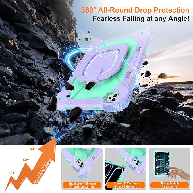 Case for iPad Pro 13 Inch M5 2025 / M4 2024 Auorld for iPad Pro 13 Inch M5 2025 with Screen Protector 360 Degree Rotating Stand Shoulder Strap Pencil Holder Purple Mint