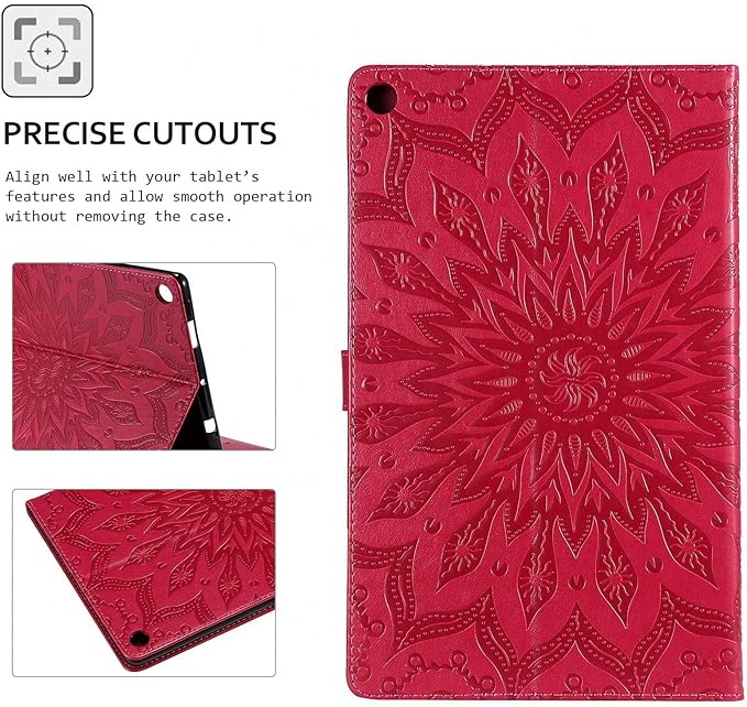 Folio Case for Fire HD 10 (9th/7th/5th Generation 2019/2017/2015 Release) Techcircle Sunflower Embossed Stand Protective Cover with Card/Cash Holder for Amazon Fire HD 10.1 Inch Tablet Red