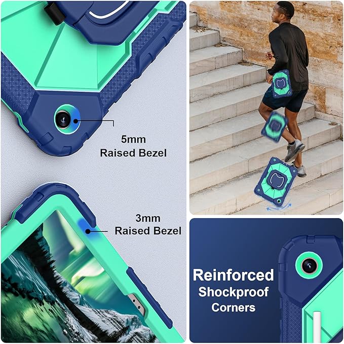 for Galaxy Tab A11+ Plus/A9+ Case 11” Rugged Case for Samsung Galaxy A11 Plus/ A9 Plus Tablet with 360 Rotating Stand Screen Protector Shoulder Strap Pen Holder 2025/2023 Model Navy Mint