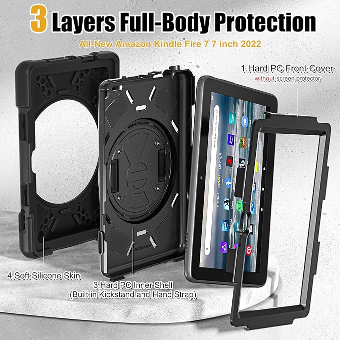 BRAECNstock for Amazon Fire 7 Tablet Case (12th Generation 2022 Release) 7 Shockproof Protective Kids Case with [Rotating Hand Strap] &amp Stand Pen Holder Shoulder Strap Black