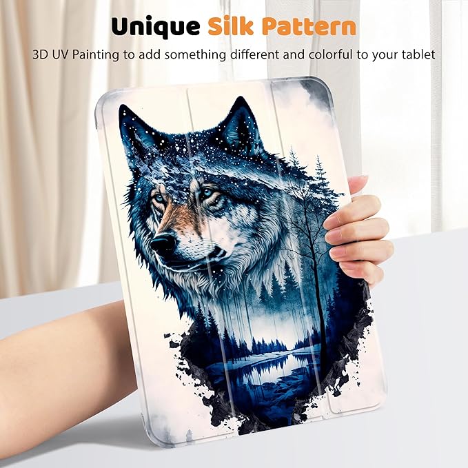 Tuiklol Case for iPad 11 inch A16 2025 Generation 11th / iPad 10.9 inch 2022 10th Gen Buit in Pencil Holder with Shockproof Cover PC Clear Transparent Back Shell Auto Wake/Sleep Wolf