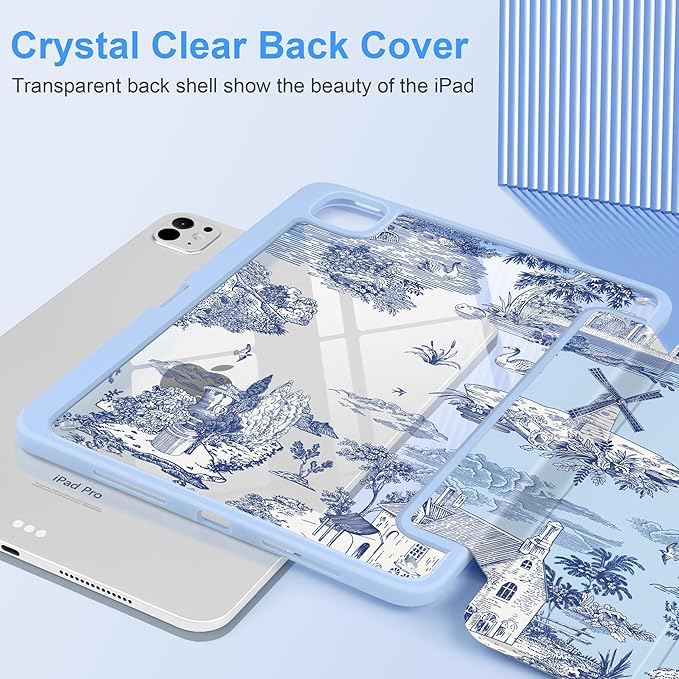 DONGKE for iPad Pro 11-Inch Case (M5 2025 / M4 2024) 6th/5th Generation [Auto Sleep/Wake &amp Pencil Pro Holder] Clear Acrylic Back Smart Trifold Stand Cover Toile Pattern
