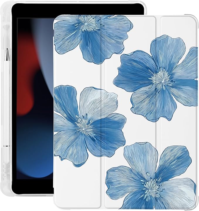 Cute Flower Floral for iPad Air 11 Inch Case 7th/6th Generation (M3/M2) 2025/2024 with Pencil Holder Auto Sleep/Wake White Leather Soft TPU Back Cover