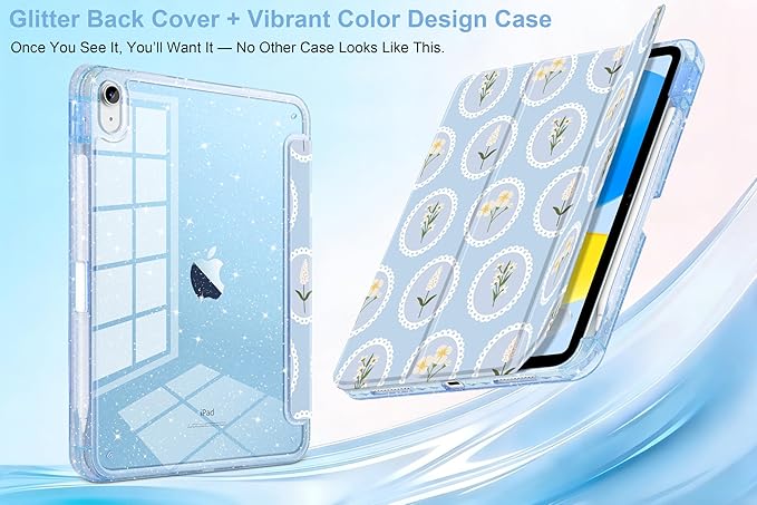 MEEgoodo Case for iPad A16 11th Generation 2025/10th Generation 2022 Glitter Tablet Cases with Transparent Acrylic Back+Trifold Stand +Pencil Holder+Auto Wake/SleepSpring Floral &amp Round Frame