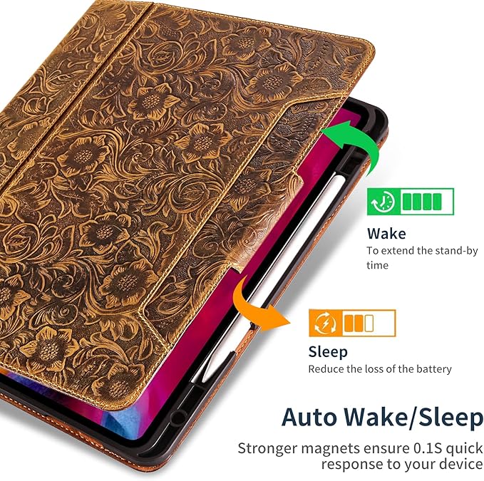 Gexmil Case for iPad Pro 11 Inch4th/3rd/2nd/1st Generation(2022/2021/2020/2018) Genuine Leather Cover with Pencil HolderCowhide Folio CoverAuto Sleep/Wake Magnetic ClosureFlower Brown
