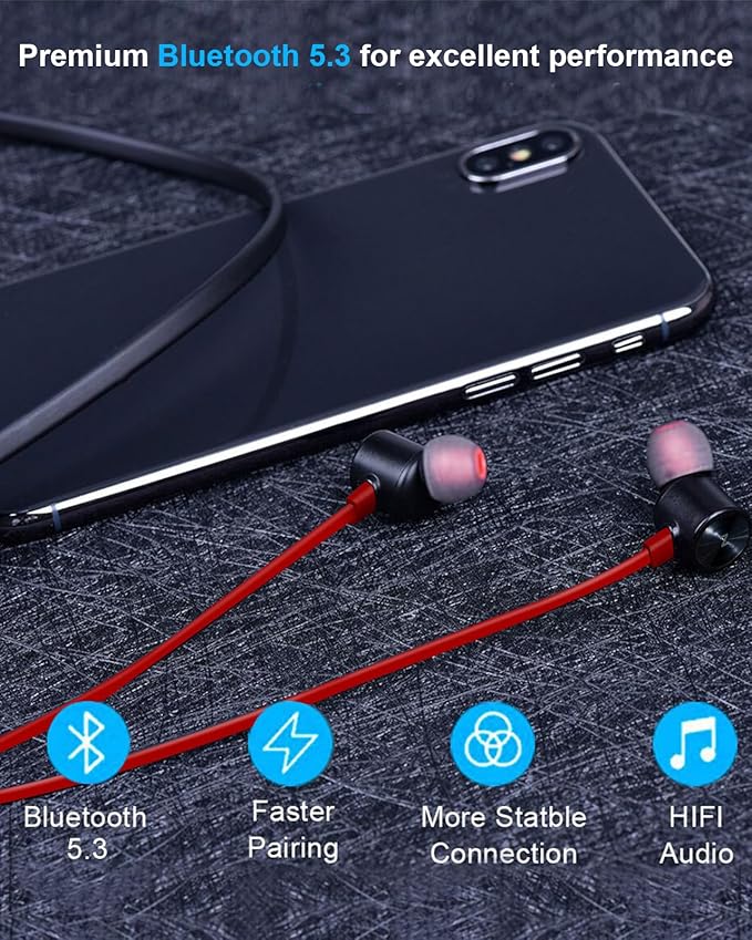 NANAMI Bluetooth Earbuds 5.3 Bluetooth Wireless Headphones IPX7 Waterproof in-Ear Earphones with Mic Noise Cancelling Headsets Magnetic Neckband 18 Hours Playtime for Gym Sports (Red with Red)