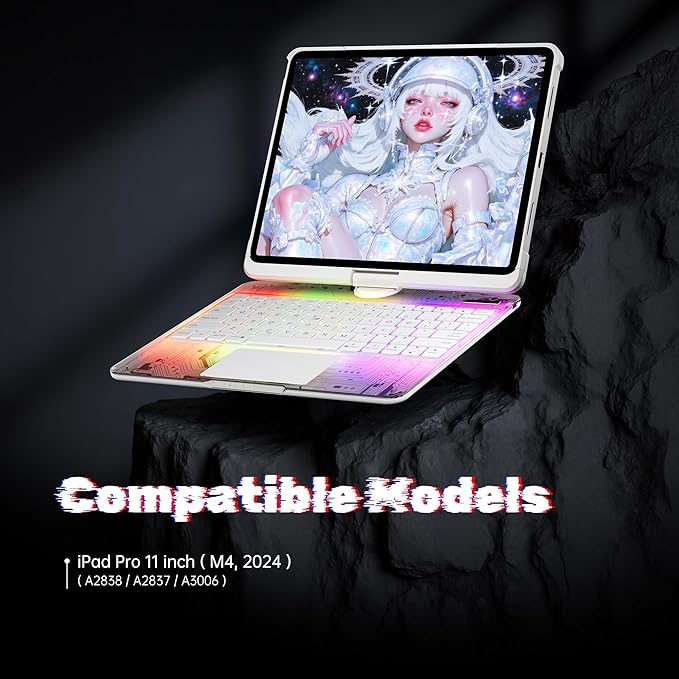 KITONE Transparent Case with Wireless Keyboard only for 2024 iPad Pro 11-in.(M4) 7 Colors Backlight Trackpad 360°Rotating Stand for iPad Pro 11(5th Gen) Tech Style
