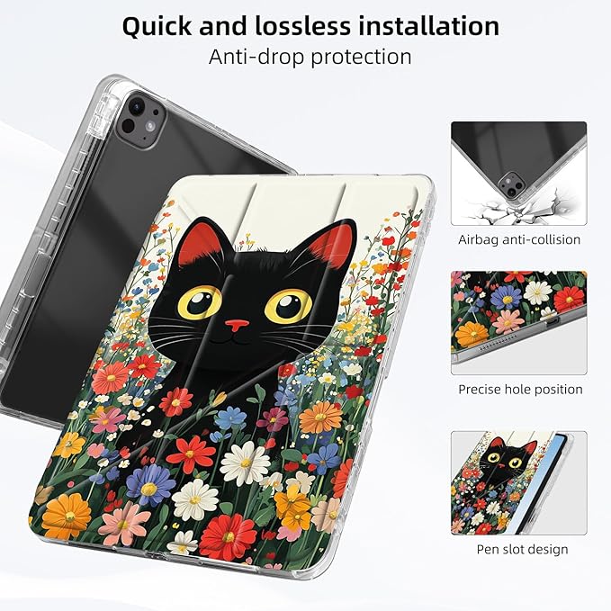 for iPad Pro 11 2024 Case with Pencil Holder Foldable Y-Shaped Protective Cover Stylish Clear Multi-Angle Viewing &amp Auto Sleep/Wake Black Cat Wildflower Field Tablet Case