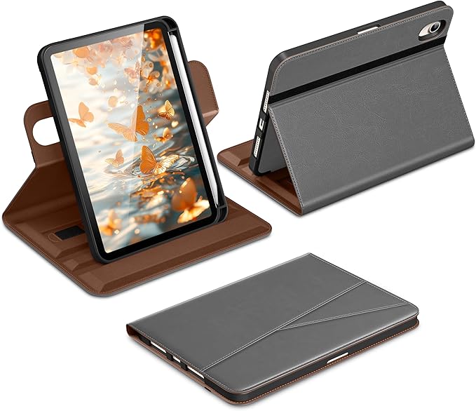DTTO for iPad mini 7 (A17 Pro) Case iPad mini 7th / 6th Generation Case (2024/2021) 360 Degree Rotating Premium Leather Folio Stand Cover with Pencil Holder Grey