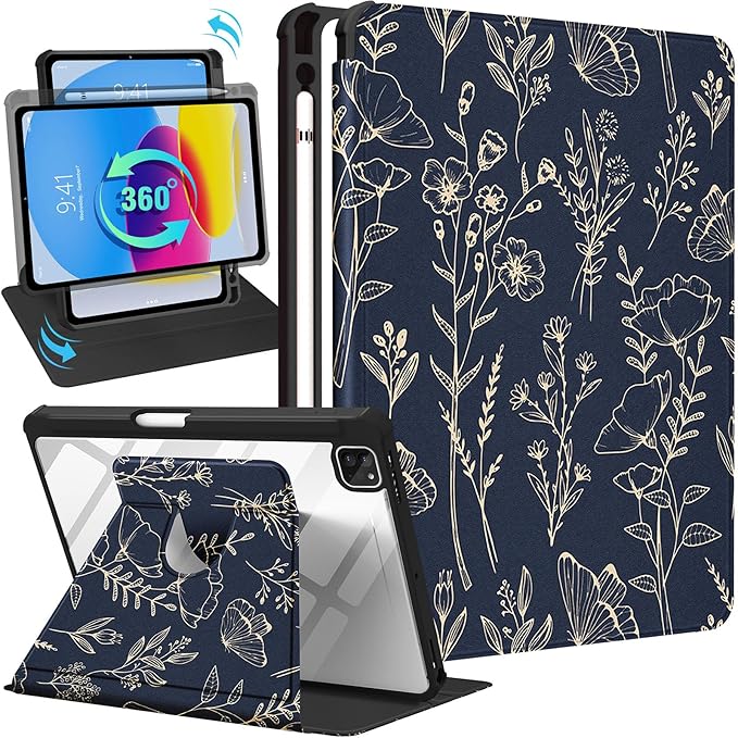 for iPad Air 11 inch Case Air 5th/4th Generation 10.9 Pro 11'' Case Women Girls for Apple Pencil Holder Cute Flower Floral Rotating Folio Cover for Apple iPad Air 4/5 (2020/2022)/Pro 11