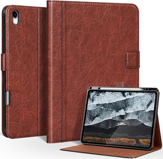 Genuine Leather Case for iPad Air 13 Inch M3 2025 / M2 2024 Premium Folio Cover with Pencil Holder Auto Wake/Sleep &amp Adjustable Stand - Vintage Red Brown