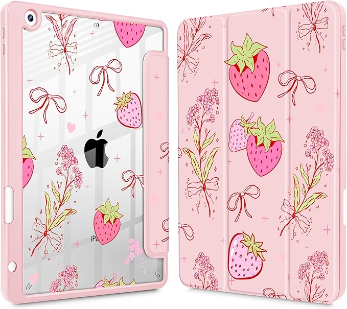 May Chen for iPad 9th Generation with Pencil Holder iPad 8th/7th Gen Case 10.2-inch [Penceil Holder] Trifold Stand Auto Wake/Sleep Clear TPU Protection Back Cover Strawberry Bow