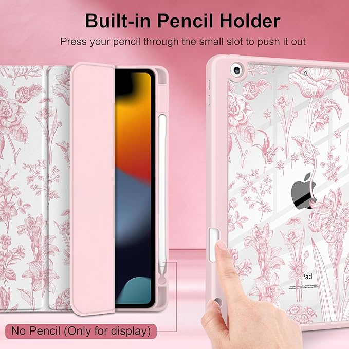 DONGKE for iPad 9th/8th/7th Generation Case 10.2 Inch (2021/2020/2019) [Auto Sleep/Wake &amp Pencil Holder] Clear Acrylic Back Trifold Stand Cover Pink Florals