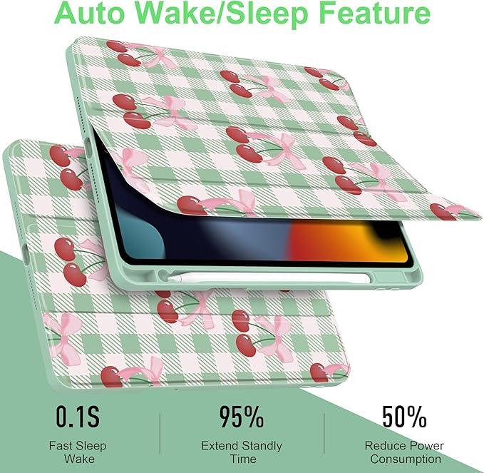 DONGKE for iPad 9th/8th/7th Generation Case 10.2 Inch (2021/2020/2019) [Auto Sleep/Wake &amp Pencil Holder] Clear Acrylic Back Trifold Stand Cover Green Cherry