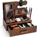 TESLYAR Wood Phone Docking Station with Drawer - Nightstand Organizer - Desk Organizer for Husband - Birthday Gifts for Men Dad Anniversary Idea Key Holder Stand Watch &amp Accessories (Antique Br