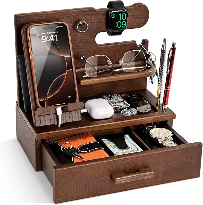 TESLYAR Wood Phone Docking Station with Drawer - Nightstand Organizer - Desk Organizer for Husband - Birthday Gifts for Men Dad Anniversary Idea Key Holder Stand Watch &amp Accessories (Antique Br