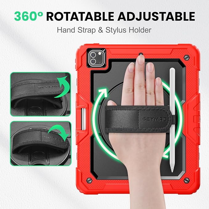 SEYMAC Case for iPad Pro 12.9 2022/2021/ 2020/2018 Heavy Duty Protection Shockproof Case with Screen Protector 360° Rotating Stand/Handle/Shoulder Strap Supports Pencil 2 Charging Red
