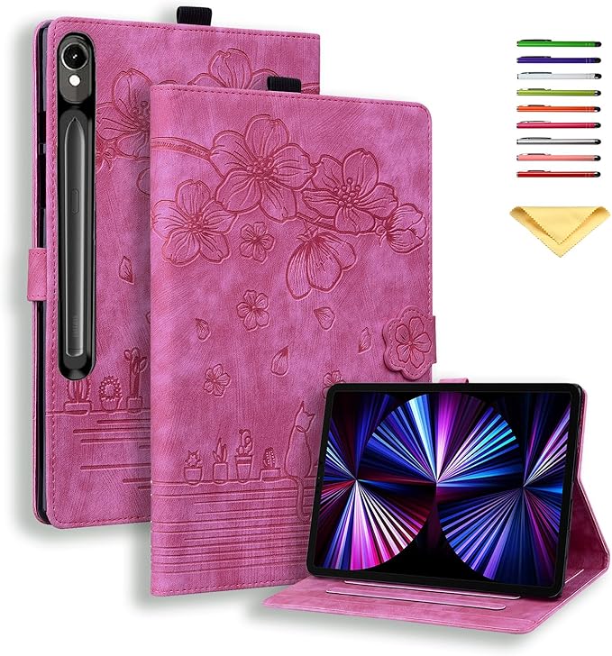 Case for Samsung Galaxy Tab S10 FE+/S10 FE Plus 13.1 Inch 2025 (SM-X620/SM-X626B) with Pencil Holder/Pockets Folio Stand Embossed Cherry Blossom PU Leather Magnetic Wallet Cover Rose Cat