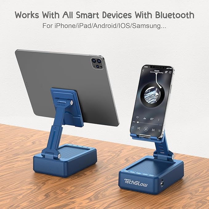TechGlow Gifts for Men Women Foldable Cellphone Stand with Bluetooth Speaker and Charging Funtion Birthday Gift Idea for Mom Dad Cool Gadget Tech Gifts-Blue