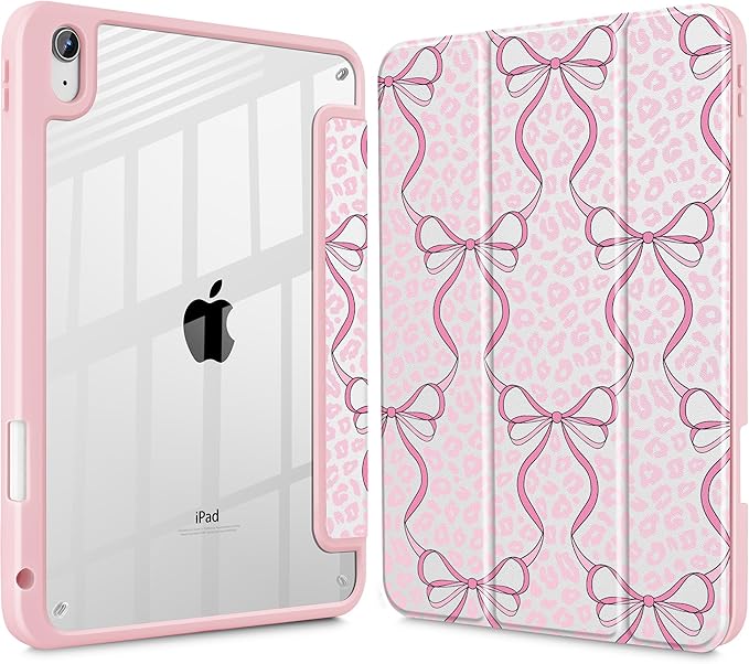 Case for iPad 11 inch A16 2025 Generation 11th / iPad 10.9 inch 2022 10th Gen Buit in Pencil Holder with Shockproof Cover Clear Transparent Back Shell Auto Wake/Sleep Bows &amp Leopard