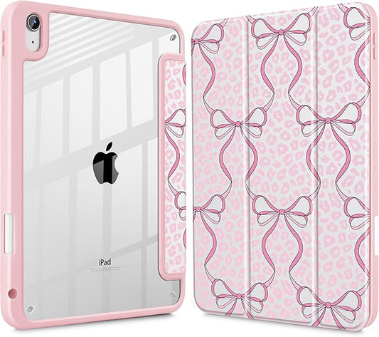 Case for iPad 11 inch A16 2025 Generation 11th / iPad 10.9 inch 2022 10th Gen Buit in Pencil Holder with Shockproof Cover Clear Transparent Back Shell Auto Wake/Sleep Bows &amp Leopard