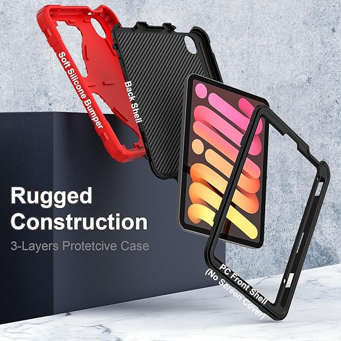 Case for iPad mini 7 (A17 Pro) 2024 iPad mini 6 Case 2021 8.3-Inch Kids Friendly Shockproof Cover with Kickstand Shoulder Strap Pen Holder Support Pencil Pro &amp Pencil USB-C Red Black