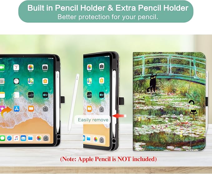 Vimorco Leather Case for iPad Pro 11 inch M5/M4 2025/2024Pu Leather Protective Adjustable Stand Cover Hand StrapCard Pocket with Pencil Holder Auto Wake/SleepWater Lily and Cat