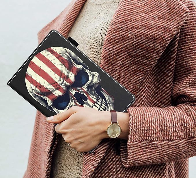 Case for Amazon Kindle Fire 7 Tablet (7 9th/7th Generation 2019/2017 Release) Slim PU Leather Cover with Card Slot &amp Auto Wake/Sleep American Flag Skull
