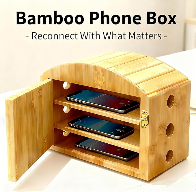Phone Box for Family Time with Combination Lock Premium Bamboo Wood Cell Phone Jail with 6 Charging Holes and Hold 6 PhonesHelp Adults&ampKids Focus Back and Reduce Distractions