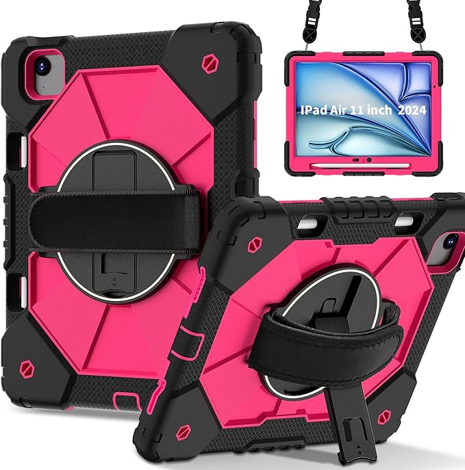 Tablet case for iPad Air 11 inch M2 2024 Tablet case for iPad Air 6th Generation(A2902 A2903 A2904) Hand Strap Shockproof Protective with 360° Rotate Kickstand Shoulder Black/Rose Red