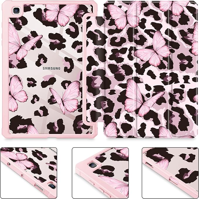 Mektron Case for Samsung Galaxy Tab S6 Lite 10.4 Inch 2024/2022/2020 with S Pen Holder Multi-Angle Viewing with Shockproof Cover Clear Shell + Trifold Stand + Auto Wake/Sleep Leopard Pink Butterfly
