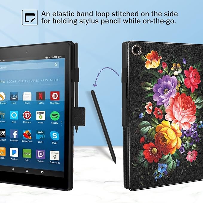 Dteck for Fire HD 8 (8th/7th/6th Generation) Smart Folio Case 2018/2017/2016 Release (8) with Auto Sleep Wake/Stand/Adjustable Viewing Angle/Stylus PU Leather Protective Slim Cover Flowers Black