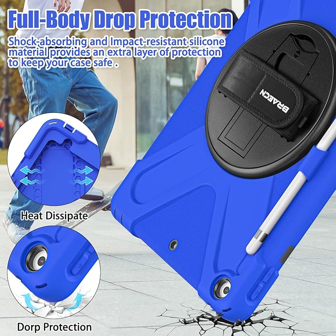 BRAECNstock for Apple iPad 9th/ 8th/ 7th Generation Case 10.2 2021/2020/2019 Shockproof Protective iPad 10.2 inch Kids Case with Screen Protector Pencil Holder Rotating Stand+Hand Strap Blue
