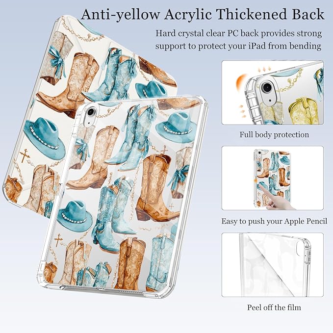 Western Cowgirl Boots for iPad (A16) 11th/10th Generation Case 11 Inch/10.9 Inch 2025/2022 with Pencil Holder Auto Sleep/Wake White Leather Acrylic Back Detachable Cover