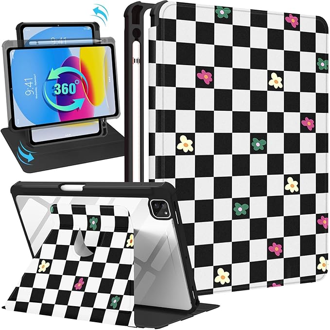 for iPad Air 11 inch Case Air 5th/4th Generation 10.9 Pro 11'' Case Women Girls for Apple Pencil Holder Cute Plaid Rotating Folio Cover for iPad Air 11 2024 (M2) 10.9 2022 2020 Pro 11