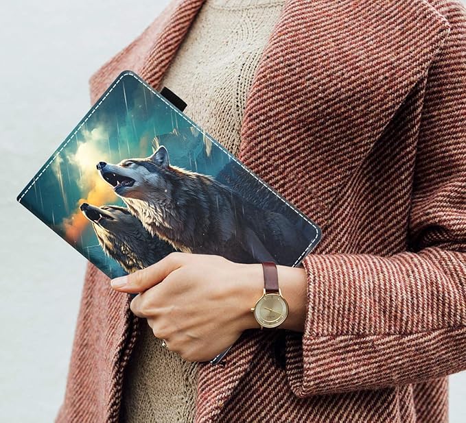 Case for Amazon Kindle Fire 7 Tablet (7 9th/7th Generation 2019/2017 Release) Slim PU Leather Cover with Card Slot &amp Auto Wake/Sleep Wolf Howling