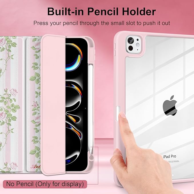 TWOLSKOO Case for iPad Pro 11-inch (M5 2025 / M4 2024) Clear Acrylic Back with TPU Bumper Pencil Holder Trifold Stand Auto Sleep/Wake Rose Vine