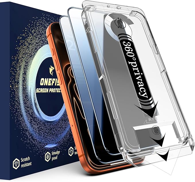OneFish for iPhone 17 Pro Max Privacy Screen Protector 4-Way 360° Anti-Spy Tempered Glass 9H Hardness HD Clear Anti-Fingerprint 3D Curved Edges Case-Friendly &amp Easy Installation [2 Pack]