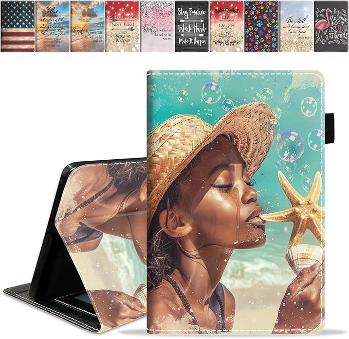 Case for Amazon Kindle Fire 7 Tablet (7 9th/7th Generation 2019/2017 Release) Slim PU Leather Cover with Card Slot &amp Auto Wake/Sleep Women Starfish Shell