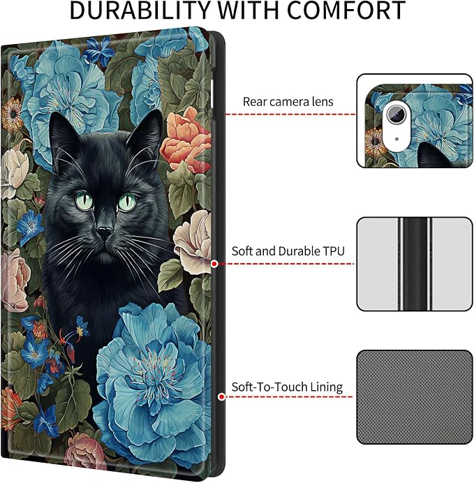 Blue Flowers Black Cat