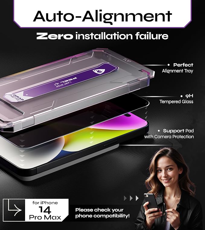 Defenslim for iPhone 14 Pro Max Privacy Screen Protector (2Pack) Easy Auto-Dust &amp Align Install Kit 6.7 Tempered Glass 9H Hardness Privacy Protection Case Friendly SpyShield