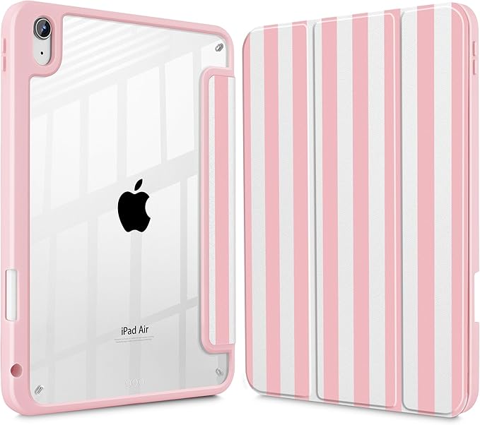 May Chen for iPad Air 11-inch M4/M3/M2 (2026/2025/2024) iPad Air 5th/4th 10.9 Inch - Shockproof Cover with Clear Back Shell &amp Penceil Holder Auto Wake/Sleep Stand Cover Pink Stripes