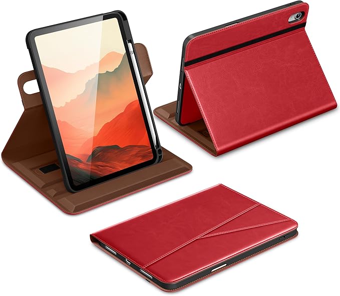 DTTO for iPad A16 Case iPad 11th / 10th Generation Case (2025/2022) 360 Degree Rotating Premium Leather Folio Stand Cover with Pencil Holder Red