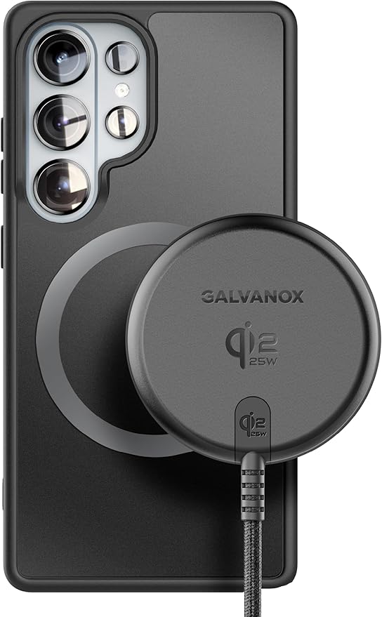 Galvanox 25W Magnetic Wireless Charger for Samsung Qi2.2 Certified [Compatible with MagSafe] Fast-Charging 2.0 for Galaxy S26 Ultra Fold Plus S25/S24/S23 Braided 6ft USB-C (Black)