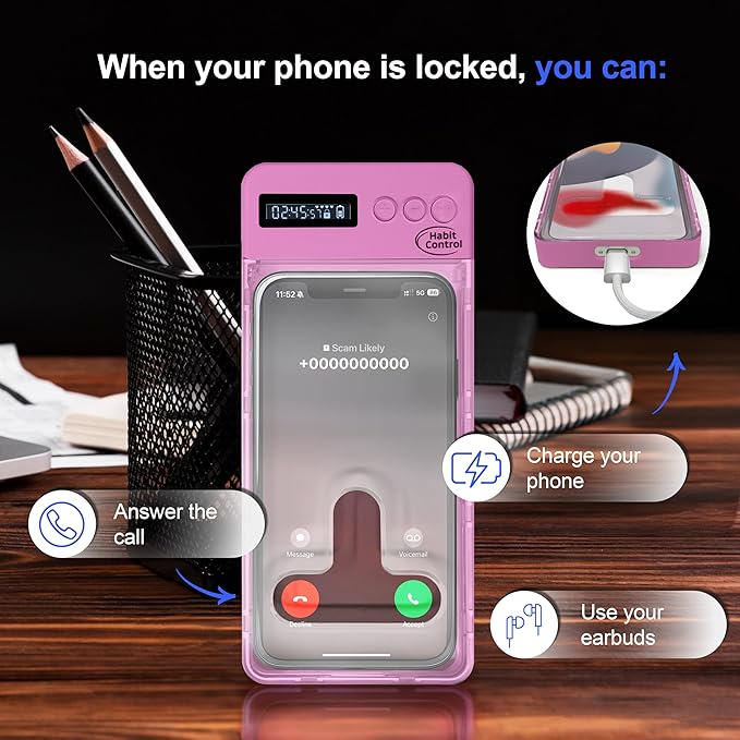 Locker Phone Holder - Timed Phone Lock Case Bad Habits Time Locking Container Smartphone Jail with Timer Reduce Screen Time Improve Productivity Cell Phone Storage Box - Pink