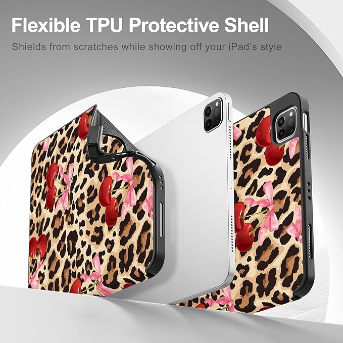 May Chen Case for iPad Pro 11 inch (4th 3rd 2nd &amp 1st Gen) 2022 2021 2020 2018 Trifold Stand + Pencil Holder + Auto Wake/Sleep + Soft TPU Protective Stand Back Cover Cherry &amp Cheetah