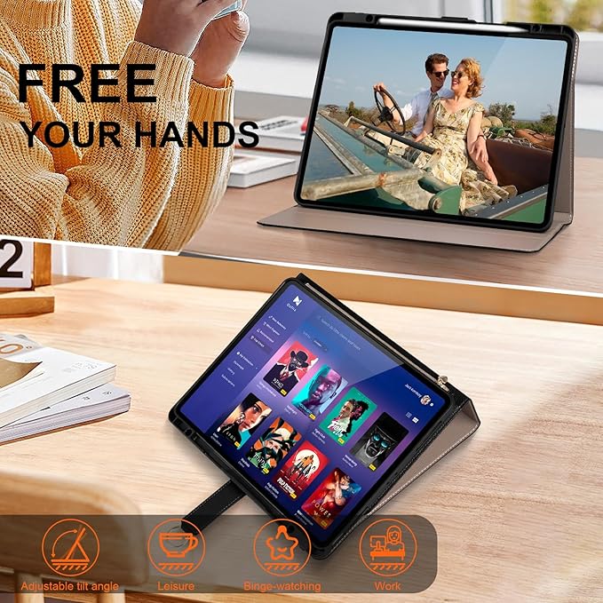 Premium Microfiber Leather Case for iPad Pro 12.9 (2018-2022 6th/5th/4th/3rd Gen) | Black with Zippered Pocket Buckle Pencil Holder Auto Wake/Sleep Multi StandBalck