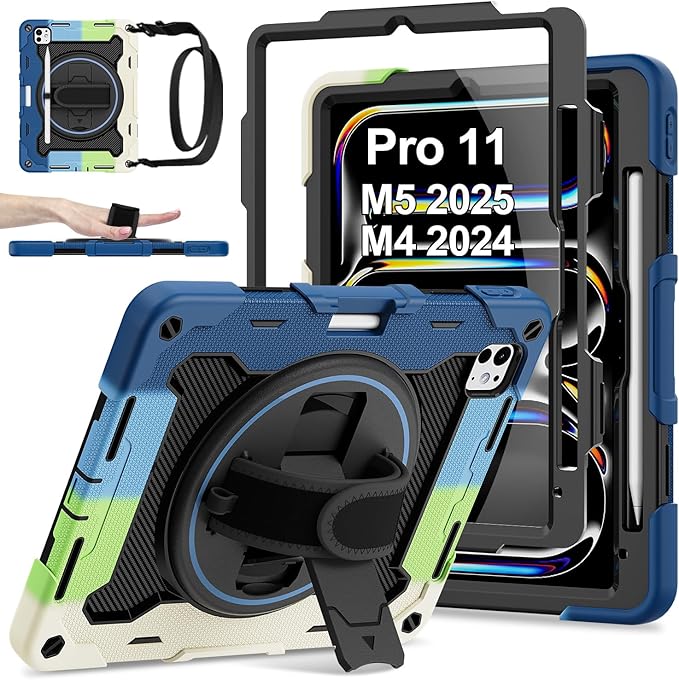 iPad Pro 11 Inch Case M5 2025/M4 2024 Heavy Duty Shockproof Protective Case with Screen Protector 360° Rotating Stand Hand Strap Shoulder Strap Kids Cover Apple Pencil Holder