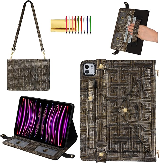 Handbag Case for iPad Pro 12.9 2018-2022 &amp iPad Air 13-inch 2024-2025 - Techcircle Vintage Maze Pattern Crossbody Folio Stand Case with Pencil/Card Holder Hand Grip/Shoulder Strap Retro Bronze